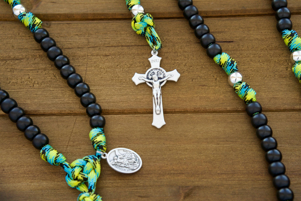 Adventure Awaits - Green, Black, and Silver 5 Decade Paracord Rosary for Catholic Boys, durable paracord rosary, perfect for faith-fueled expeditions. Handmade by a small Catholic family of 6.