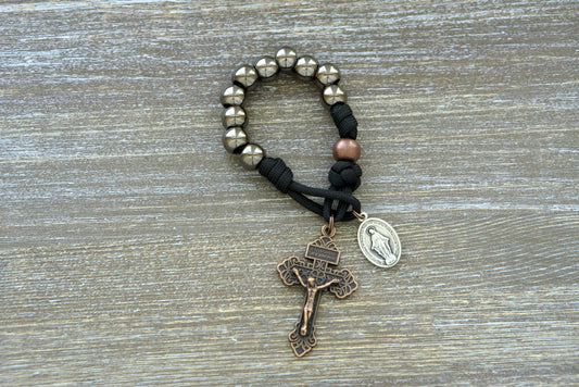 Ancient Armor - Pocket Paracord Rosary: Durable, premium unbreakable paracord rosary with large gunmetal Hail Mary beads, antique copper Our Father beads, copper pardon crucifix, and miraculous medal for Catholic warriors.