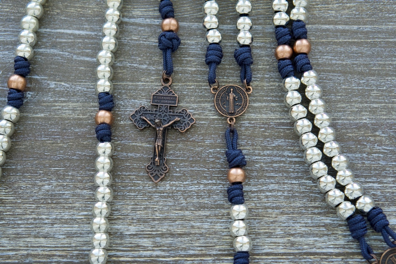 Navy Blue Stainless Steel and Copper Paracord Rosary with St. Benedict Centerpiece and Pardon Crucifix - Your Spiritual Weapon for Life's Battles