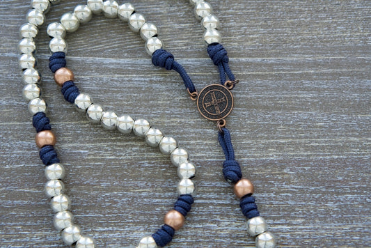 Navy Blue Stainless Steel and Copper Paracord Rosary with St. Benedict Centerpiece and Pardon Crucifix - Your Spiritual Arsenal for Life's Battles (Benedict’s Battle Rosary)