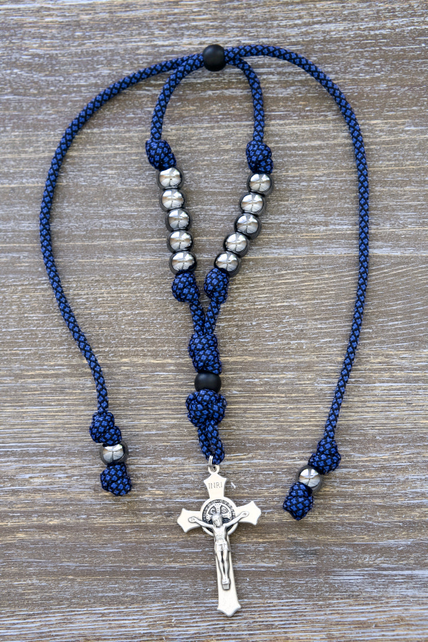 Blue and Gunmetal Rearview Mirror Rosary, handmade paracord Catholic rosary designed for daily commute and prayer, featuring ten gunmetal Hail Mary beads, black Our Father bead.