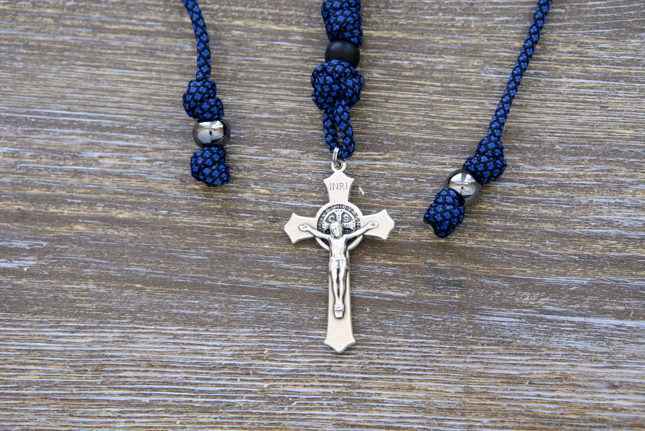 Blue and Gunmetal Rearview Mirror Rosary - Catholic Paracord Rosary for Daily Commute, Praying on the Road, Car Accessory, Handmade with Paracord, Acrylic Beads, St. Benedict Crucifix.