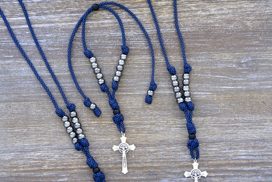 Blue & Gunmetal Rearview Mirror Rosary, Catholic Paracord Rosaries for Daily Prayer and Commute, Handmade Traditional Design, Silver St. Benedict Crucifix, Perfect Spiritual Weapon for Life's Trials.