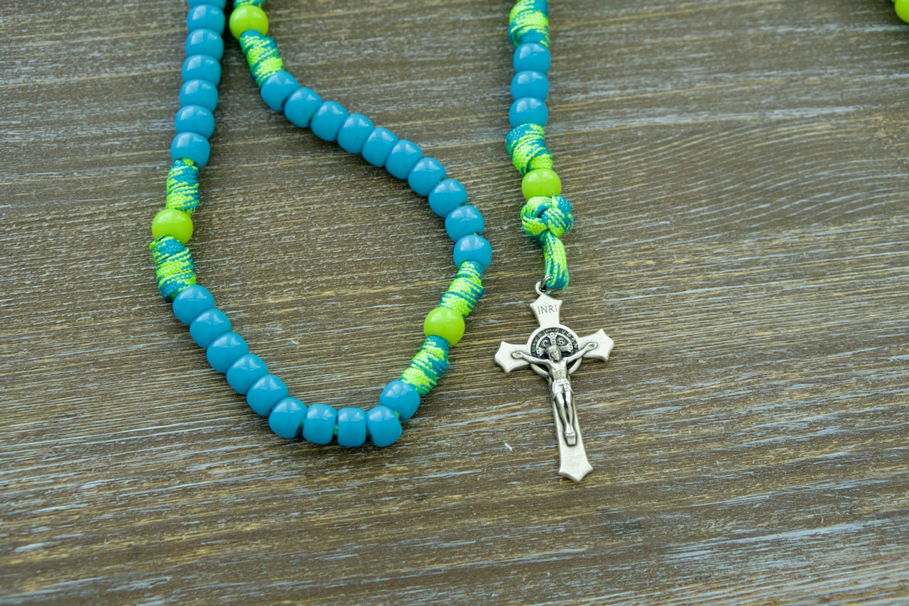 David's Slingshot - Kid's Paracord Rosary: Unbreakable, Premium Catholic Gift for Young Crusaders - Sky Blue and Lime Green Paracord with St. Benedict Crucifix and Miraculous Medal.