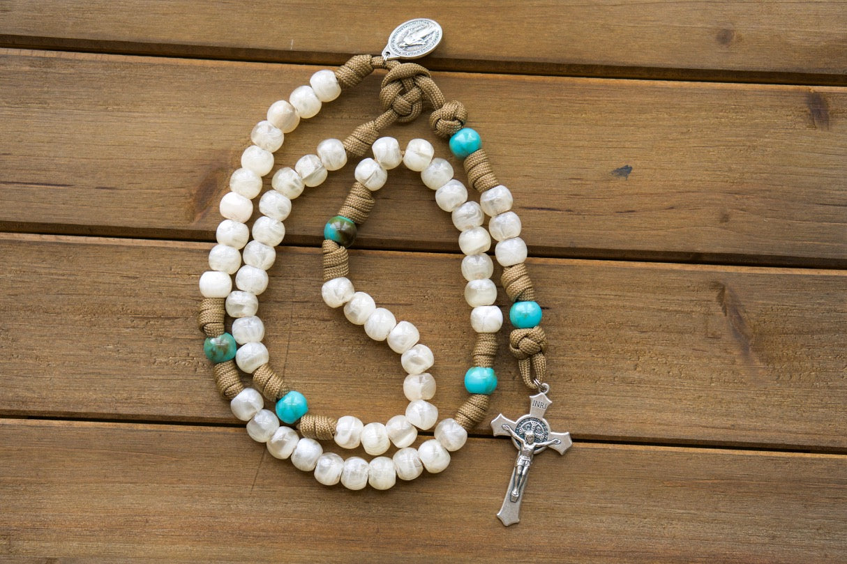 Divine Hope 5 Decade Paracord Rosary - Brown, Teal, Cream - Durable, Premium, Unbreakable Catholic Gift (19" Full Rosary, 9" Single Decade) with St. Benedict Crucifix and Miraculous Medal