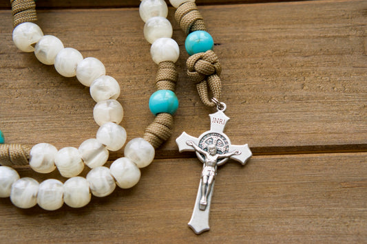 Divine Hope - Brown, Teal, and Cream 5 Decade Paracord Rosary with Miraculous Medal and St. Benedict Crucifix - Durable, Premium Unbreakable Catholic Gifts for Kids
