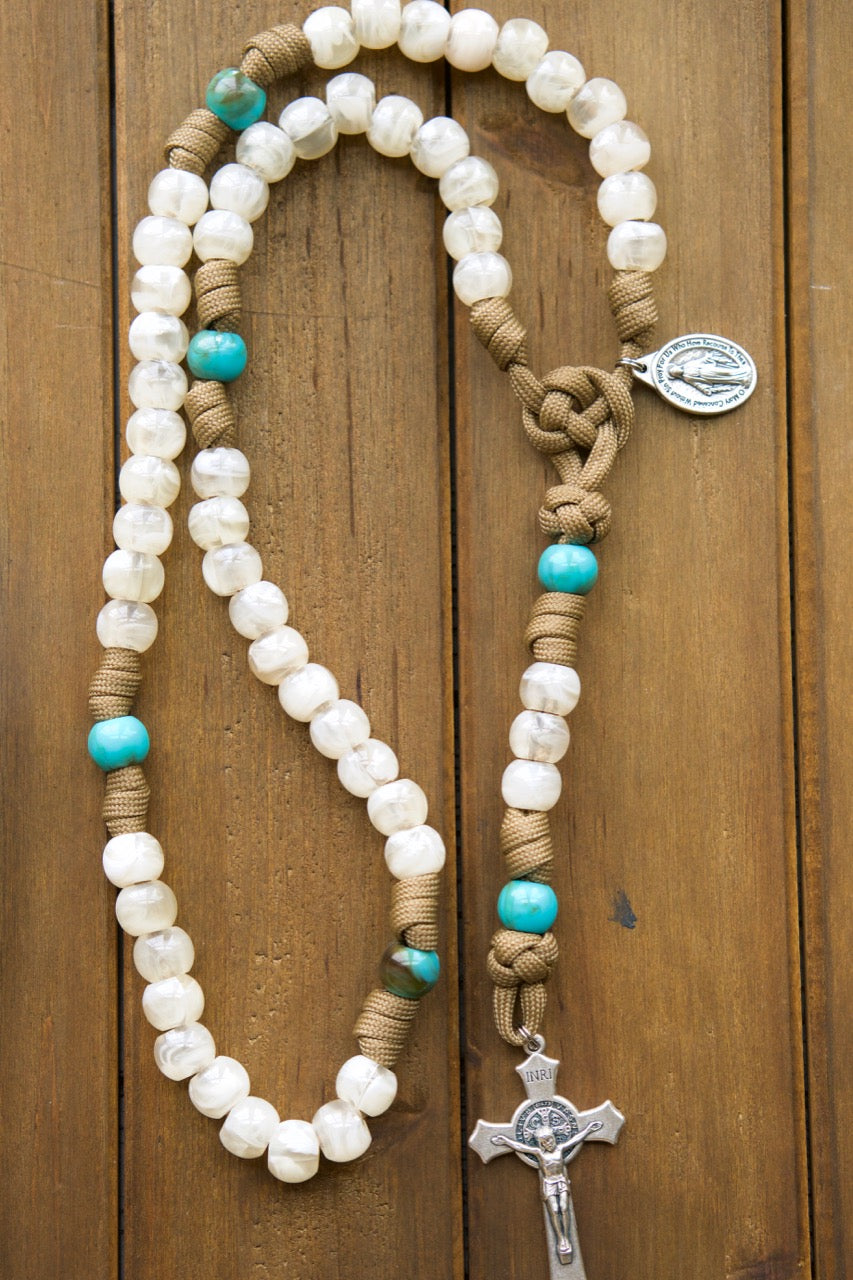 Divine Hope - Brown, Teal and Cream - 5 Decade Paracord Rosary with Miraculous Medal and St. Benedict Crucifix. Durable paracord rosary perfect for young Catholics and battle-ready prayer warriors.