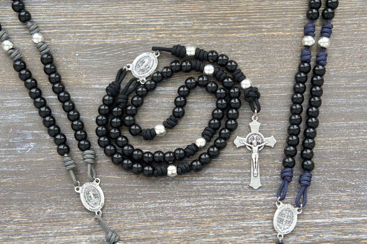 Black metal beaded paracord rosary available in Iron Gray, Midnight Black and Navy Blue.