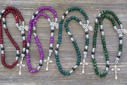 Gemstone colored paracord rosary with four options - Garnet Red, Ingolite Blue, Emerald Green or Magenta; featuring a full-size St. Benedict Crucifix and Miraculous Medal devotional medal for protection.