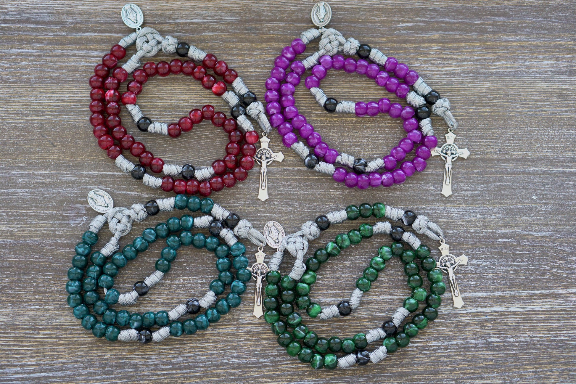 Gemstone Colored - 5 Decade Paracord Rosary featuring Garnet Red, Ingolite Blue, Emerald Green or Magenta options with a 2" St. Benedict Crucifix and Miraculous Medal devotional medal, suitable for children and adults alike.