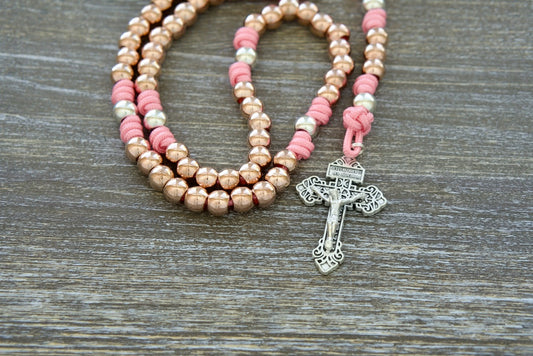 Pink, Silver and Rose Gold Heavenly Halo Premium Unbreakable Paracord Rosary with Metal Alloy Beads, St. Benedict Medal, and Pardon Crucifix, perfect for Catholic women to pray the rosary and save the world.