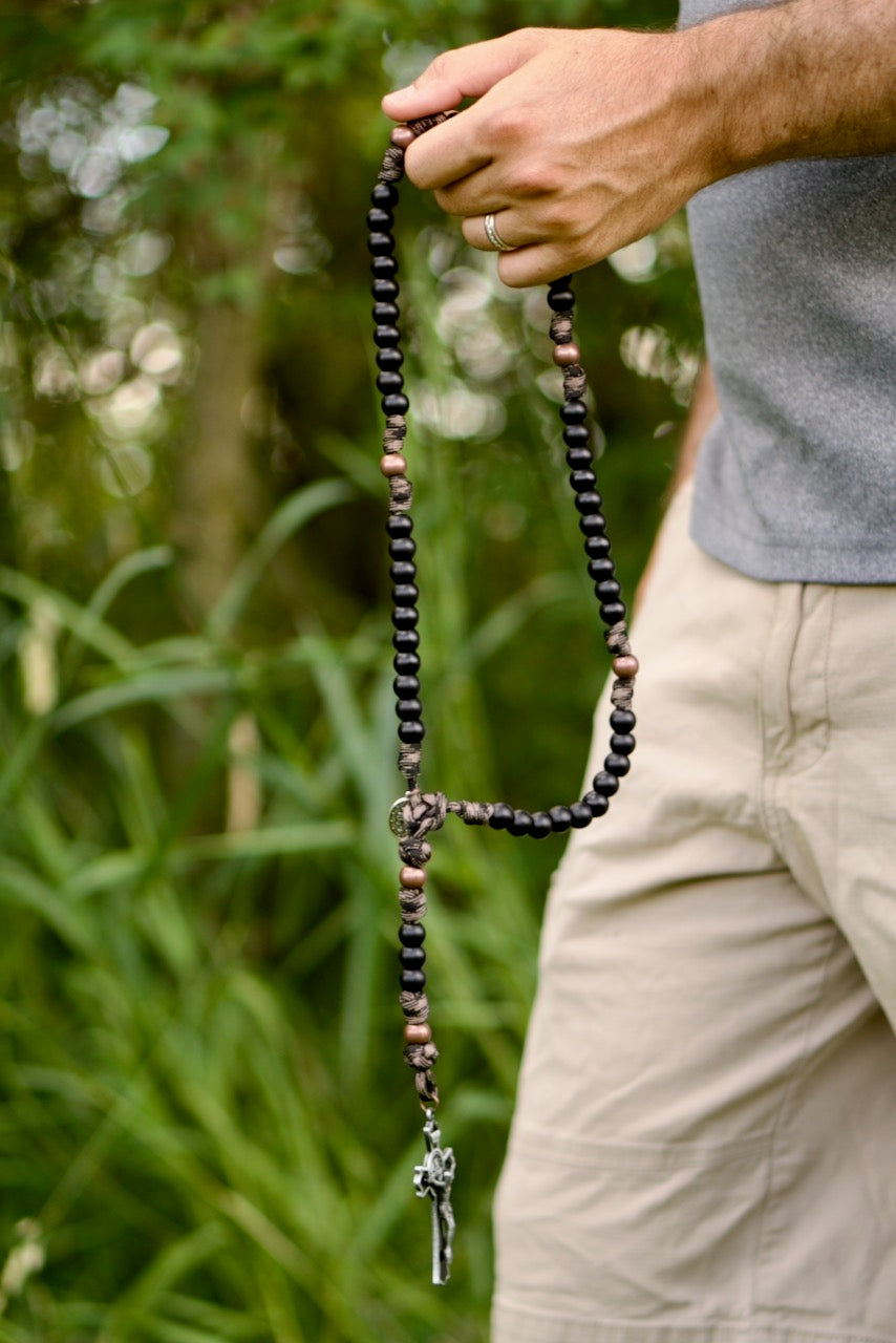 Heavy Duty Hail Mary - 5 Decade Paracord Rosary with robust black enamel St. Benedict crucifix, large acrylic beads and camo-inspired paracord.