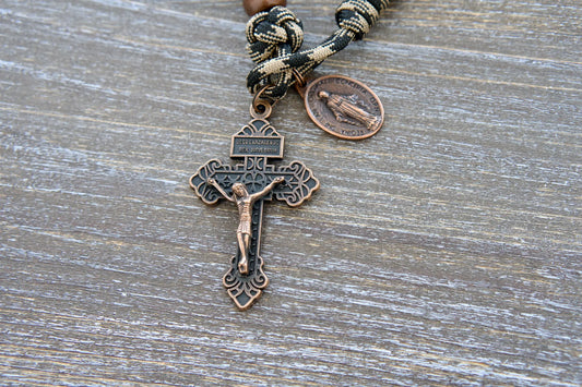 Heavy Duty Hail Mary Pocket Rosary: 12mm acrylic beads, antique copper Our Father bead, Pardon Crucifix, and Miraculous medal in handcrafted paracord.