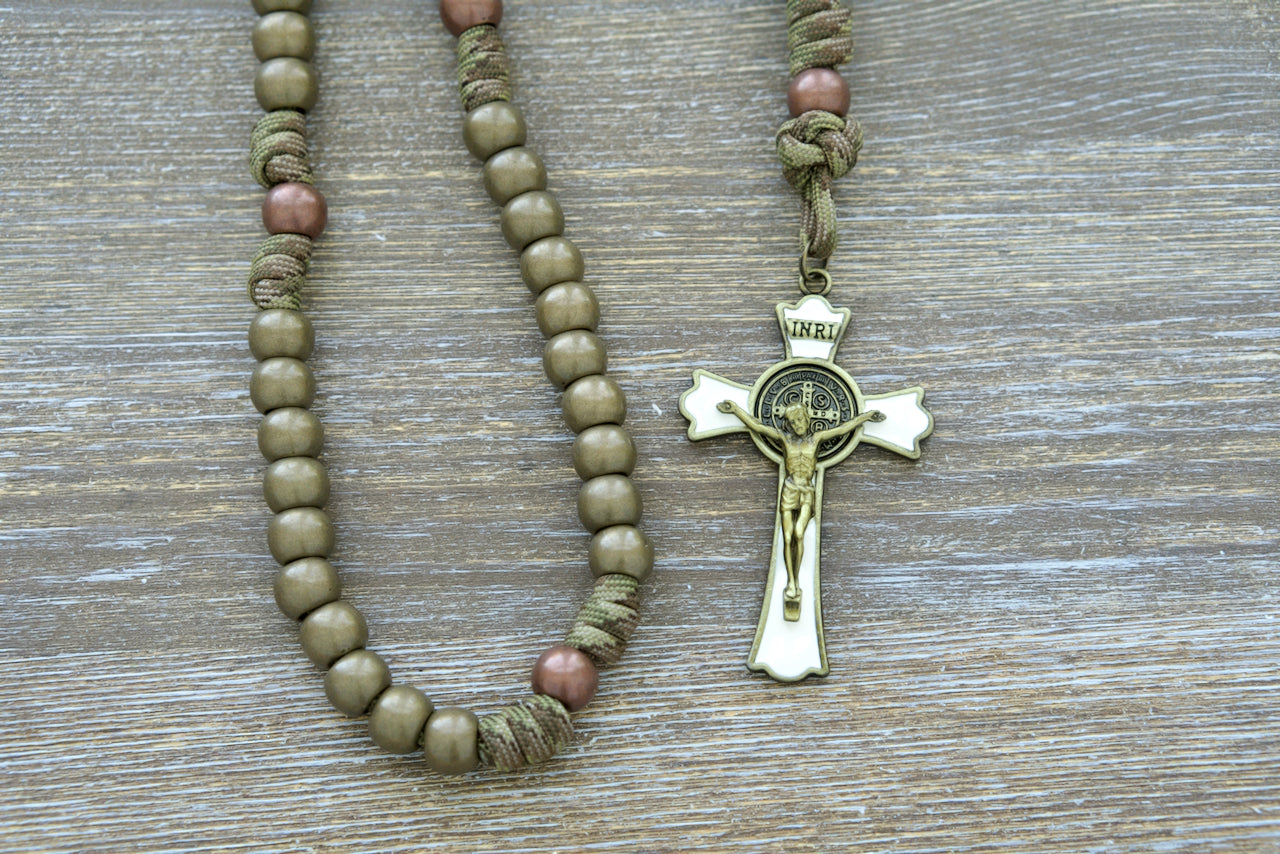 Holy Defense - 5 Decade Paracord Rosary: Premium, durable camo paracord rosary with antique copper Our Father and olive green Hail Mary beads, olive St. Benedict medal, and white & olive enamel St. Benedict crucifix. Perfect for adult devotees seeking a military-inspired Catholic gift.