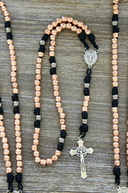 Immaculate Strength | Rose Gold, Black and Gunmetal Premium Metal Rosary with Durable Unbreakable Paracord, Catholic Gift for Women