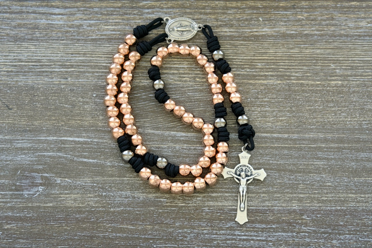Immaculate Strength | Rose Gold, Black and Gunmetal Premium Metal Rosary - A durable, unbreakable, and stylish paracord rosary for women seeking spiritual guidance and strength in their faith journey.