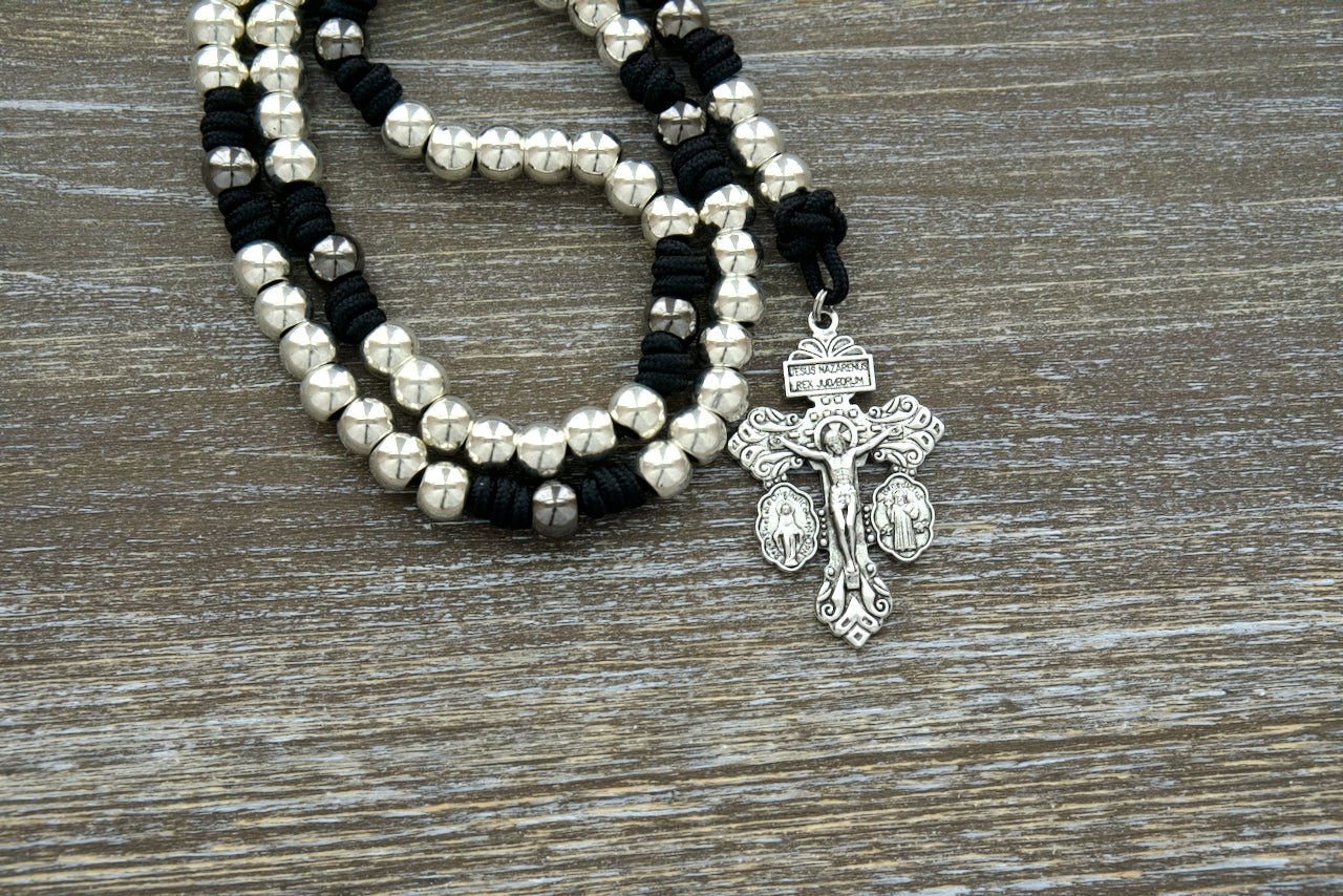 Premium Black and Silver 7 Sorrows Servite Rosary, featuring gunmetal Our Father beads, silver Hail Mary beads, Mater Dolorosa/Ecce Homo centerpiece, and 2" Pardon Crucifix