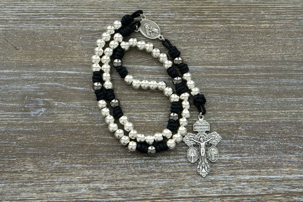 Premium Black Paracord Servite Rosary with Silver and Gunmetal Beads, featuring the 7 Sorrows of Mater Dolorosa and a 2" Silver Pardon Crucifix.