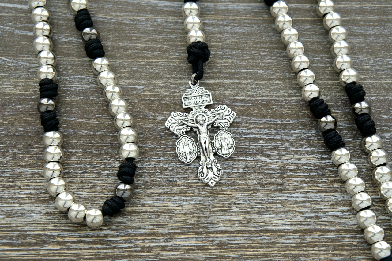 Premium Black Paracord 7 Sorrows Servite Rosary with Silver & Gunmetal Beads and Mater Dolorosa Centerpiece - Catholic Devotional Gift for Reflection and Prayer