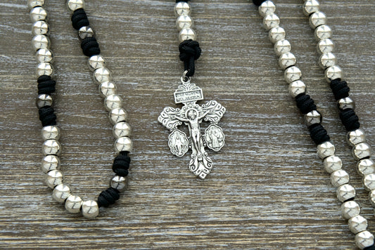 Premium Black Paracord 7 Sorrows Servite Rosary with Silver & Gunmetal Beads and Mater Dolorosa Centerpiece - Catholic Devotional Gift for Reflection and Prayer