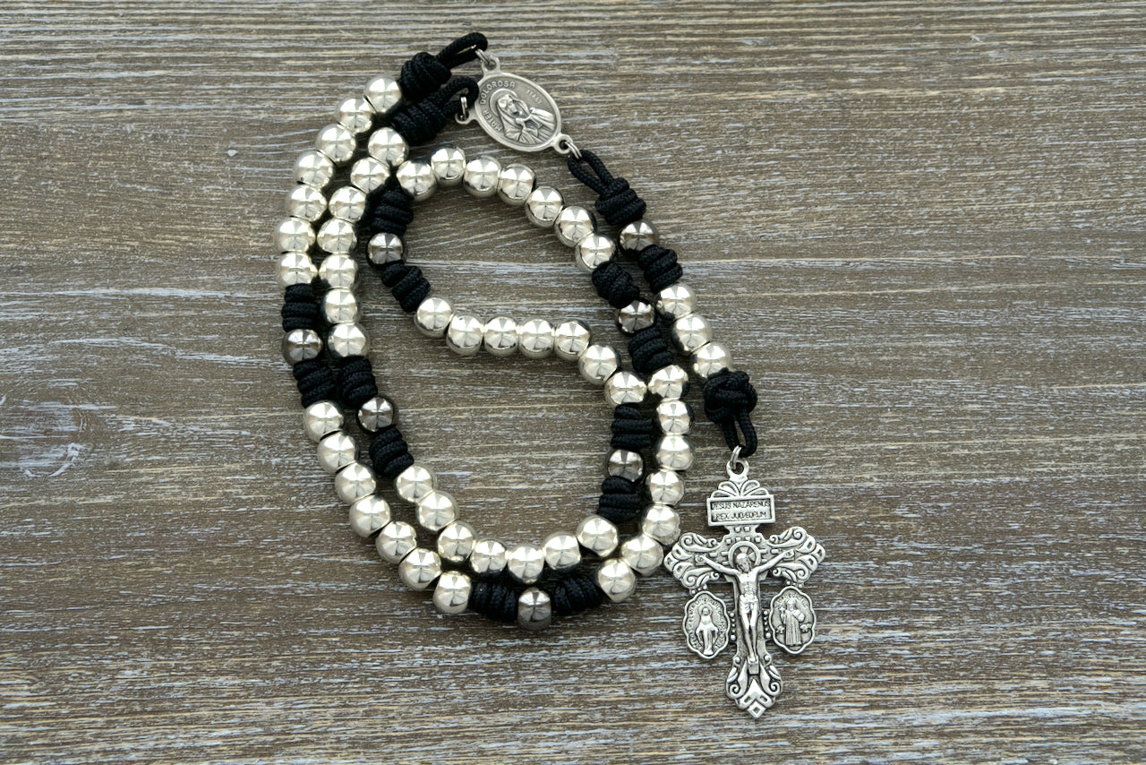 Premium Black, Silver, Gunmetal "7 Sorrows Servite Rosary" - Catholic Paracord Chaplet featuring Mater Dolorosa Centerpiece and Unbreakable Paracord with Silver Hail Mary and Gunmetal Our Father Beads.