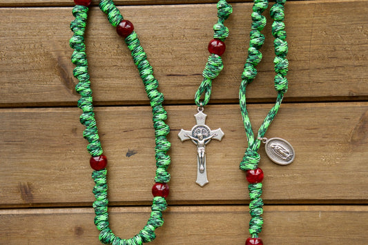 Our Lady of Guadalupe Green and Red Knotted Rope Rosary with St. Benedict Crucifix - Durable Paracord Catholic Rosary for Kids and Adults.
