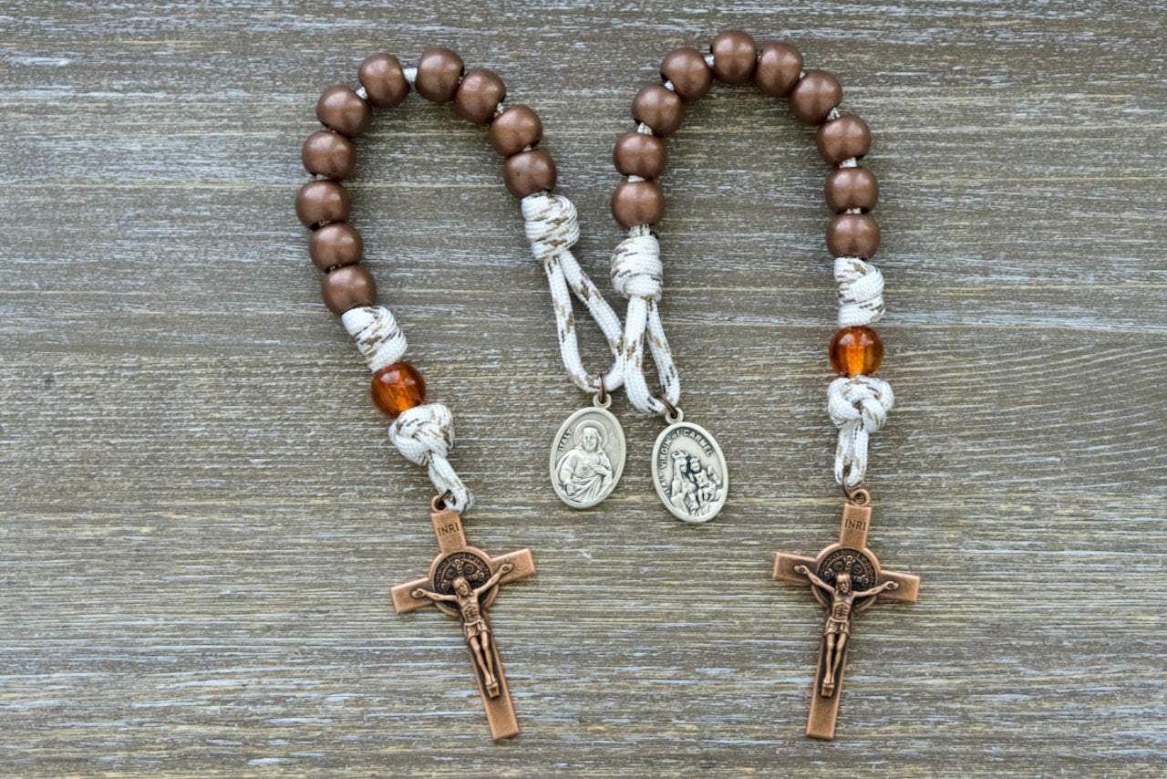 Our Lady of Mount Carmel Pocket Paracord Rosary - Unbreakable durability with premium Catholic design, featuring antique copper Hail Mary beads, transparent copper Our Father bead, and a captivating copper St. Benedict crucifix.