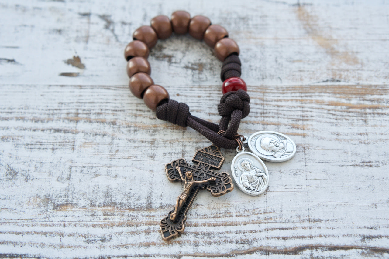 St. Padre Pio 1 Decade Paracord Rosary - Brown, Red & Antique Copper - Featuring Deep Maroon Our Father Bead Honoring Stigmata Wounds & Sacred Heart of Jesus Devotional Medal