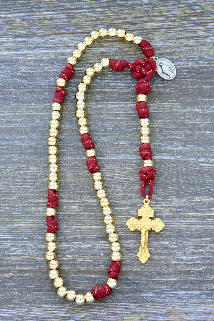 Kid's 5 Decade Scarlet Crown Paracord Rosary - Gold Beads, Red Paracord with Gold Ribbon, Gold Hail Mary and Our Father Beads, 2" Gold Pardon Crucifix, 1 inch Miraculous Medal, Durable and Premium Construction for Spiritual Journeys.