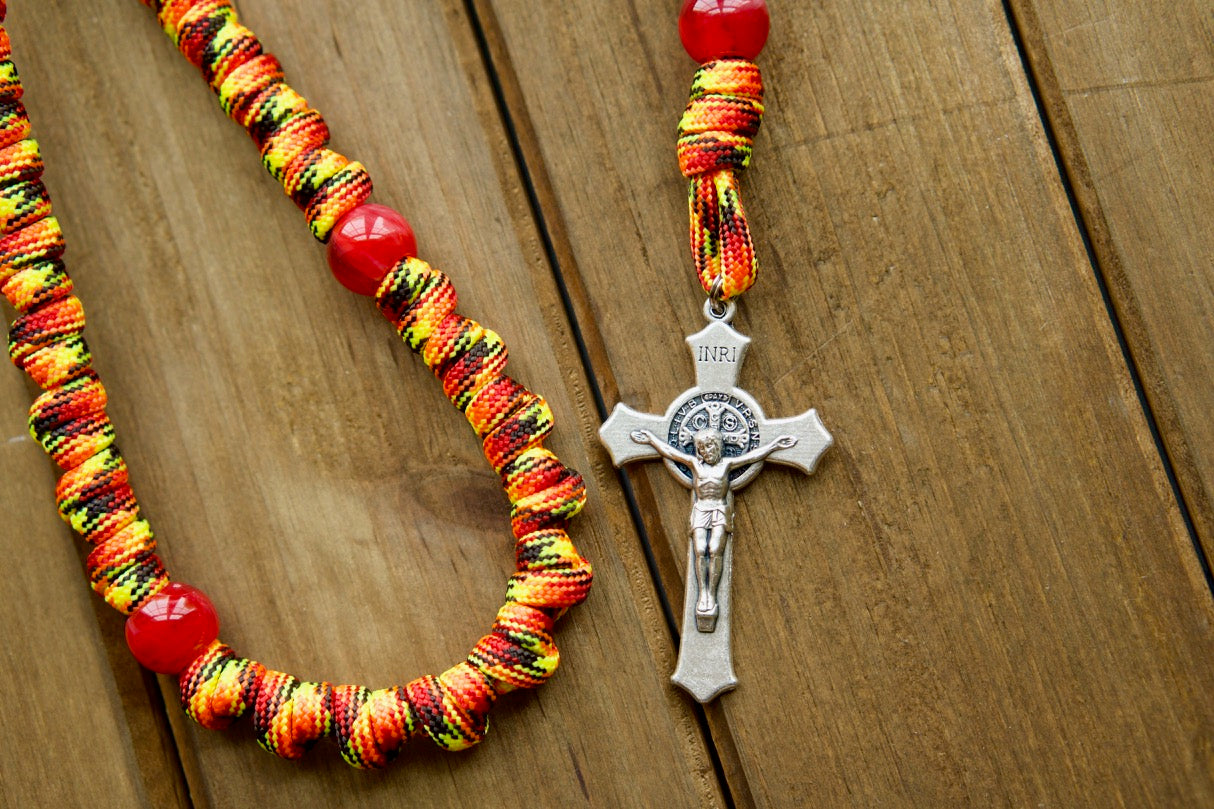 The Purgatory Releaser - Knotted Rope Rosary: A durable, premium, unbreakable paracord rosary designed for Catholics of all ages. This knotted rope edition features a St. Benedict Crucifix and Holy Souls in Purgatory medal, perfect for spiritual warriors on-the-go!