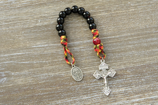 Red and orange Purgatory Releaser paracord rosary with 12mm beads, Holy Souls medal, and a 2-inch Pardon Crucifix.