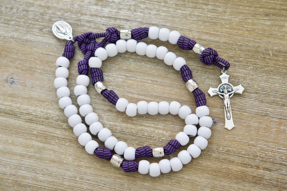 Purple and White - 5 Decade Paracord Rosary: Unleash the power of prayer with this durable, premium paracord rosary. Featuring a stunning purple and white design, 2" St. Benedict Crucifix, Miraculous Medal, and tested for strength by kids. Your ultimate Catholic gift for spiritual warfare.