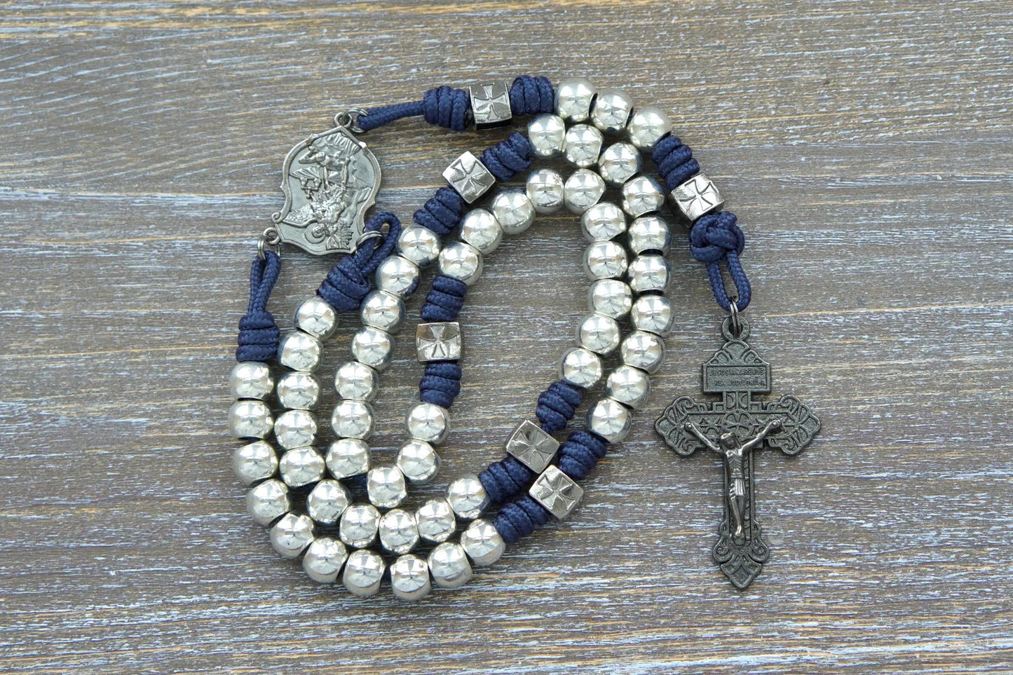 Silver Metal rosary with gunmetal crucifix and centerpiece, navy blue paracord, 10mm metal beads, gunmetal crusader Our Father beads