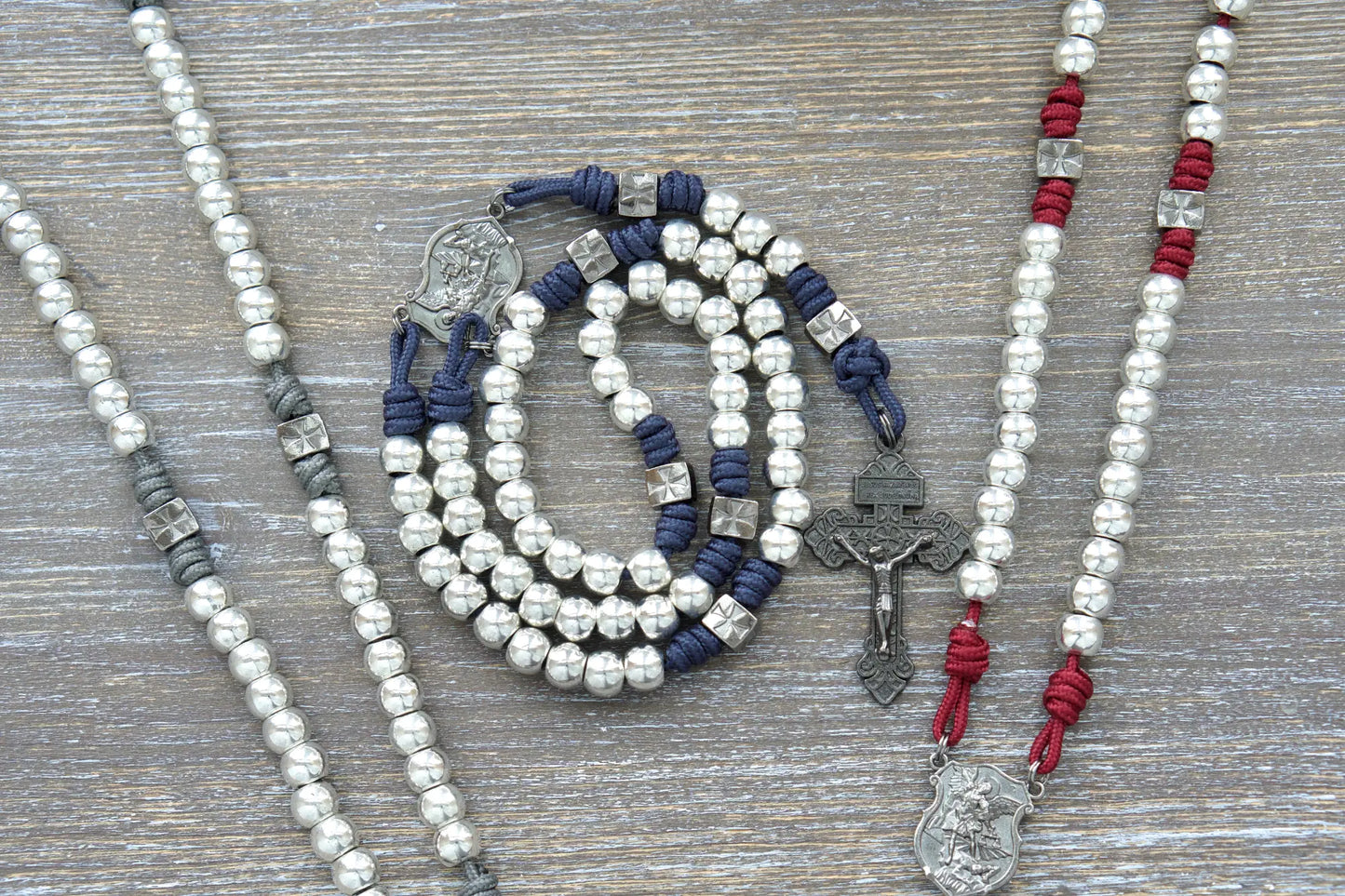 Reclaim Christendom gunmetal and silver metal rosary with available in Iron Gray, Crimson Red or Navy Blue color options.