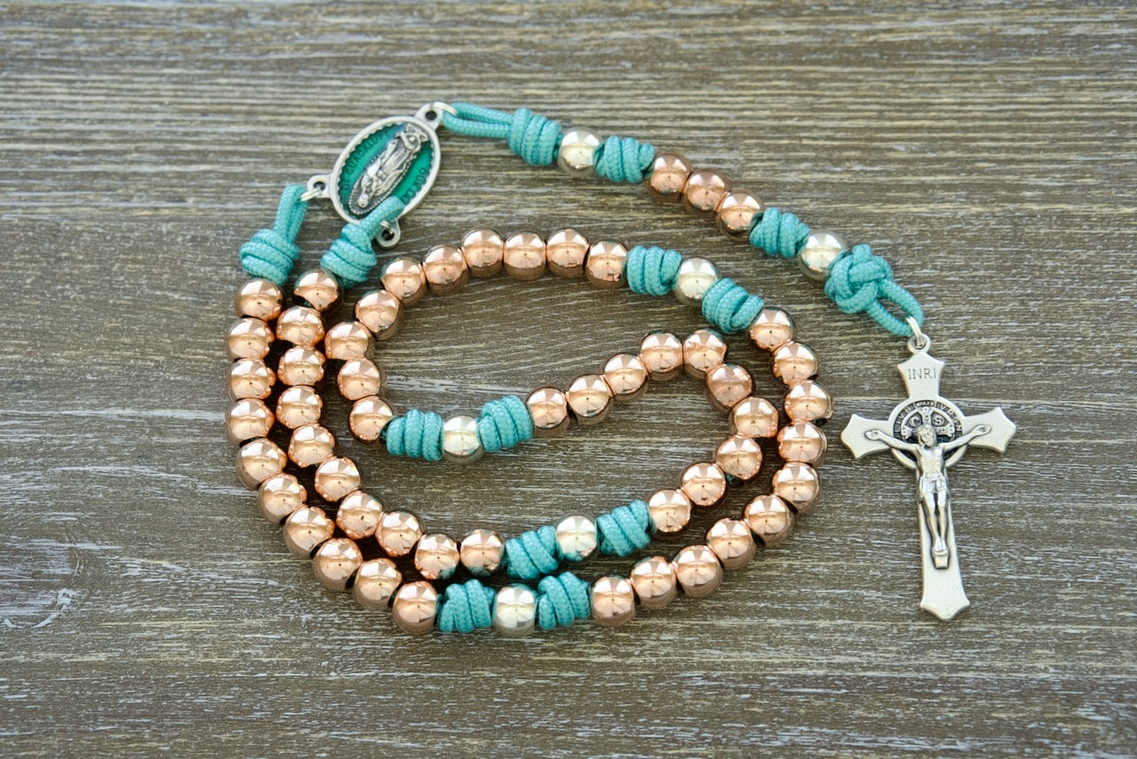 Rosa Mystica | Our Lady of Guadalupe Premium Paracord Rosary - Stunning teal blue paracord, metal alloy beads, enamel centerpiece, silver crucifix, durable and powerful for Catholic spiritual warriors