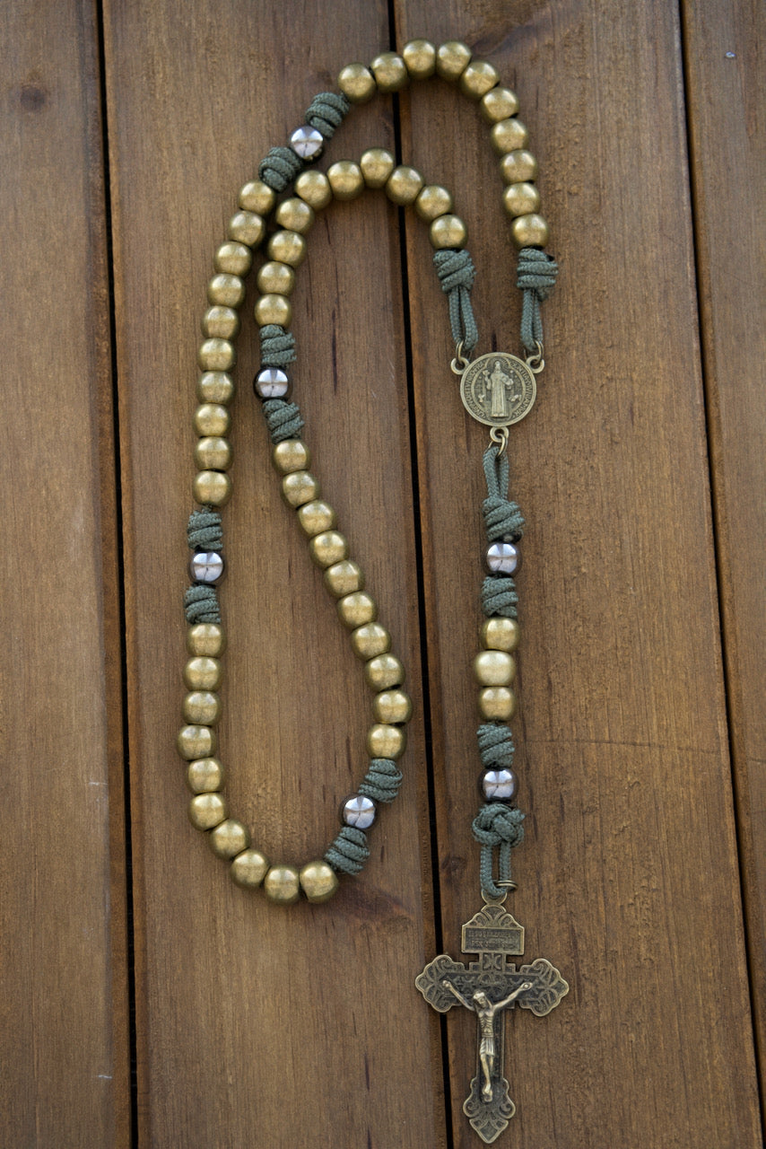 Sacred Steel - Stainless Steel Catholic Paracord Rosary with Olive Beads, Dark Forest Green Paracord, St. Benedict Medal, and 2" Pardon Crucifix. Durable, modern, and perfect for personal devotion or gifting to fellow Catholics.
