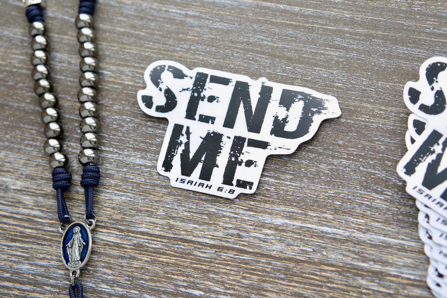 High-quality, removable white vinyl sticker featuring the inspiring quote 'Send Me' from Isaiah 6:8, measuring 3.75" x 2.34". Matte laminated for durability and UV resistance, perfect for indoor/outdoor use on various surfaces. Spreading a message of readiness to serve God and defend tradition.