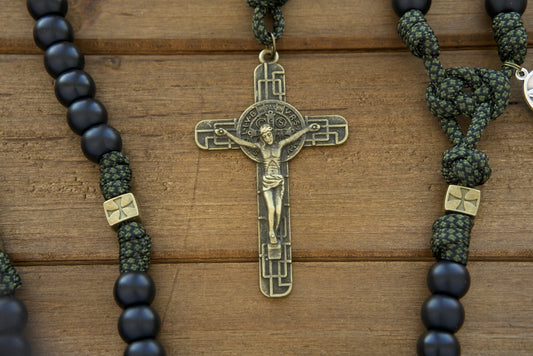 Shield of Faith - Green, Black and Olive - 5 Decade Paracord Rosary: Premium, unbreakable paracord rosary with durable green camo rope, matte black Hail Mary beads, unique bronze Crusader cross Our Father beads, and devotional St. Michael/Guardian Angel medal for spiritual protection.