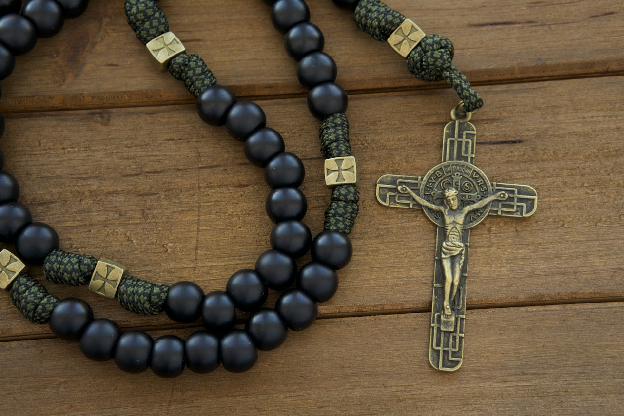 Shield of Faith - Green, Black and Olive - 5 Decade Paracord Rosary: Durable, premium, and unbreakable Catholic gift for everyday spiritual battles. Handmade by a small Catholic family with a devotional St. Michael/Guardian Angel medal. Full-size length of 19 inches and large 2.75" St. Benedict Crucifix.