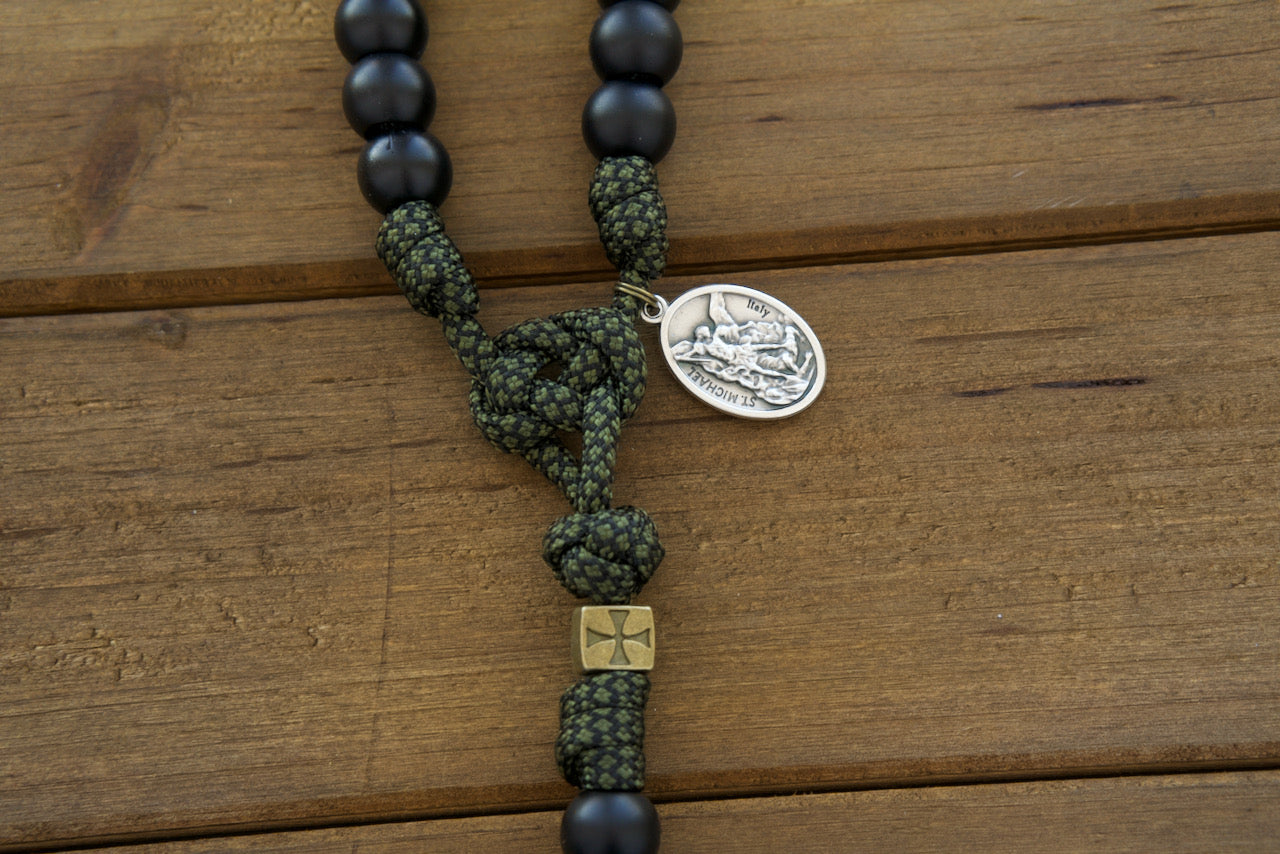 Shield of Faith - Green, Black and Olive Paracord Rosary, 5 Decade, Durable, Elegant, Spiritual Weapon, Pray the Rosary, Catholic Gifts, Sanctus Servo