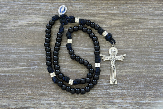 Black paracord rosary, 12mm shiny black Hail Mary beads, durable construction, religious devotional item.