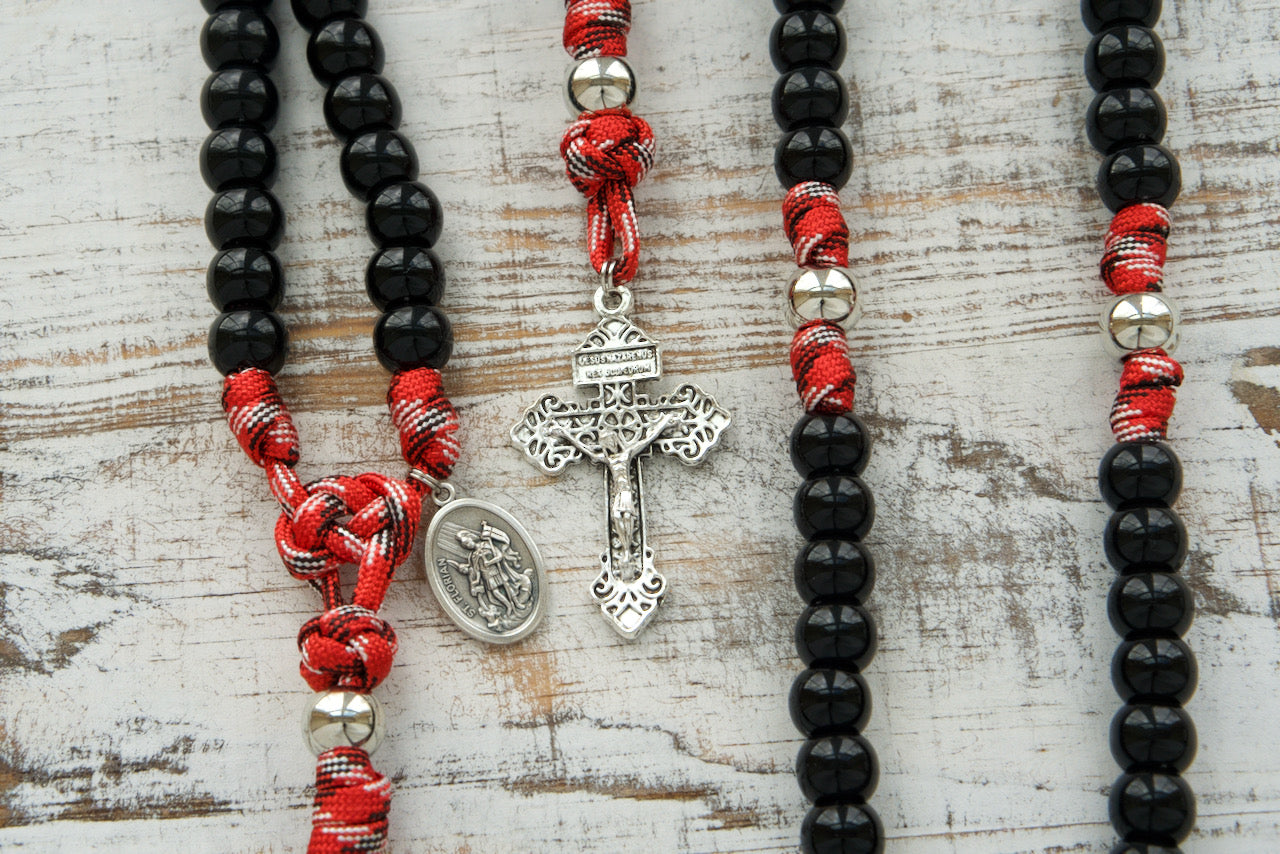 Strengthen your faith with St. Florian's Strength - a durable 5 Decade Paracord Rosary designed specifically for firefighters, EMS professionals, and first responders. Featuring premium black beads and a beautiful Silver Pardon Crucifix, this unbreakable paracord rosary is the ultimate spiritual weapon against life's toughest battles.