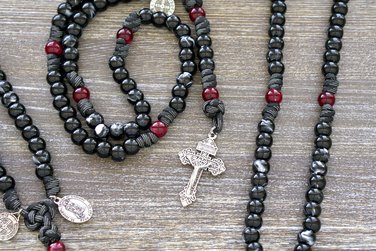 Terror of Demons - St. Joseph - Black/White Luster Hail Mary and Red/Maroon Our Father Paracord Rosary with 2" Silver Pardon Crucifix and St. Joseph & St. Benedict Medals, Ideal for Spiritual Protection and On-the-Go Prayer, Handmade by Sanctus Servo.