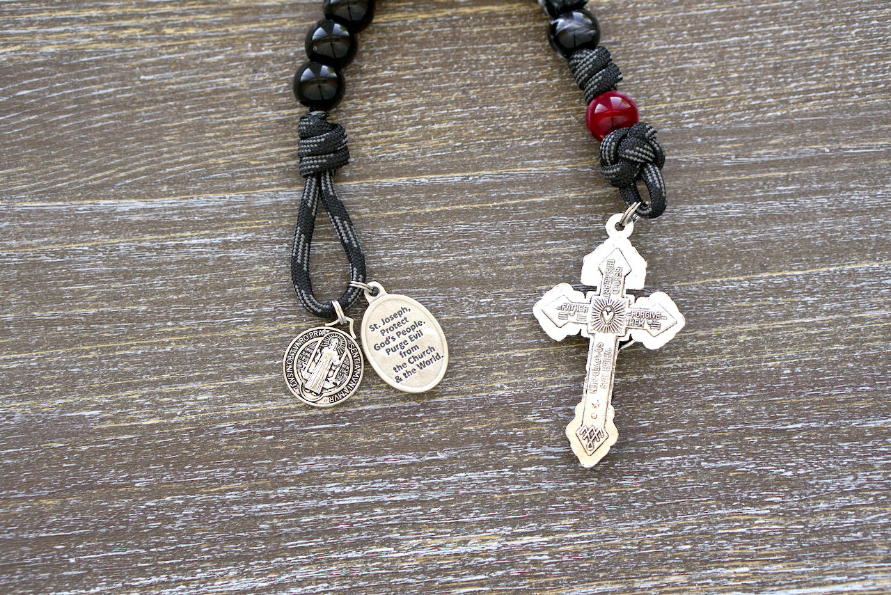 Terror of Demons - St. Joseph - Pocket Paracord Rosary: Handmade, Catholic spiritual weapon with black/white Hail Mary beads, red/maroon Our Father bead and devotional medals for protection against evil.