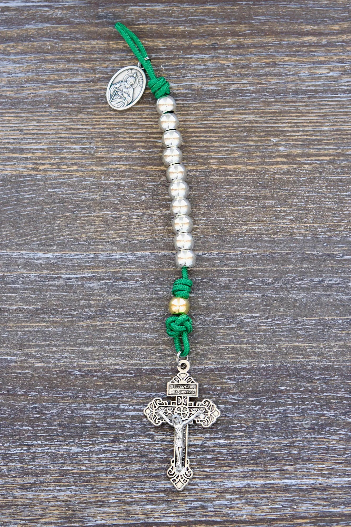 St. Jude the Miracle Worker premium metal paracord rosary with crucifix, medal, and prayer beads.