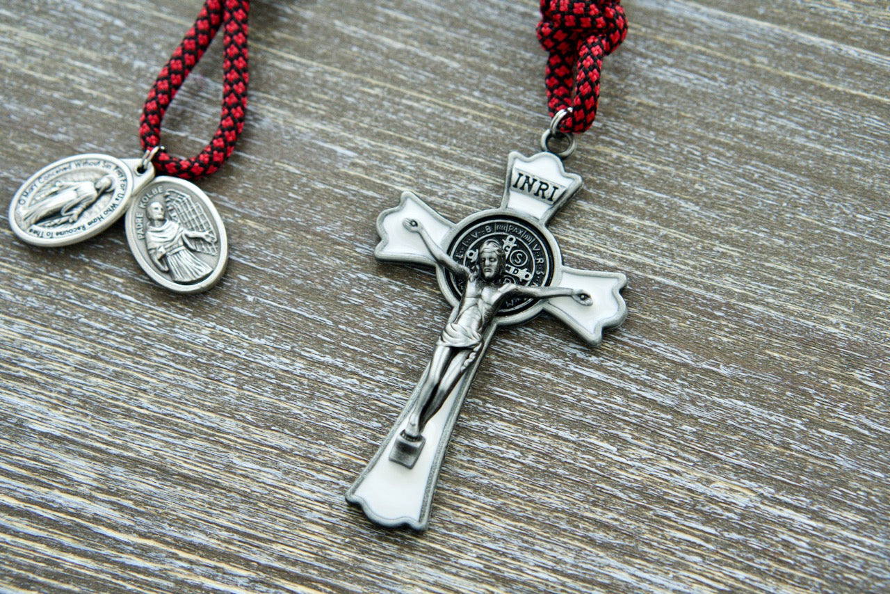 Handcrafted Red, White & Black St. Maximilian Kolbe Paracord Rosary with Devotionals - Durable Catholic Gift for Prayer (9" Length)