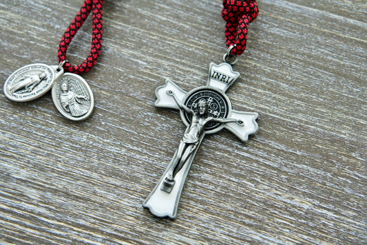 Handcrafted Red, White & Black St. Maximilian Kolbe Paracord Rosary with Devotionals - Durable Catholic Gift for Prayer (9" Length)