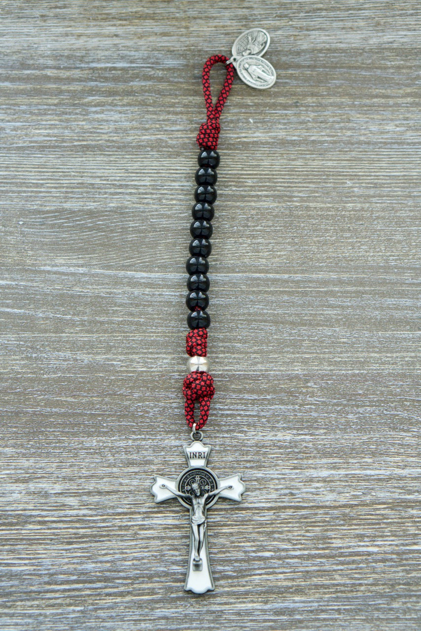 Militia Immaculatae St. Maximilian Kolbe Red White Black Signature 1 Decade Paracord Rosary - Handcrafted Catholic Gift, Durable Design Honoring Priesthood & Martyrdom with Large Enamel Crucifix, Tested by Kids