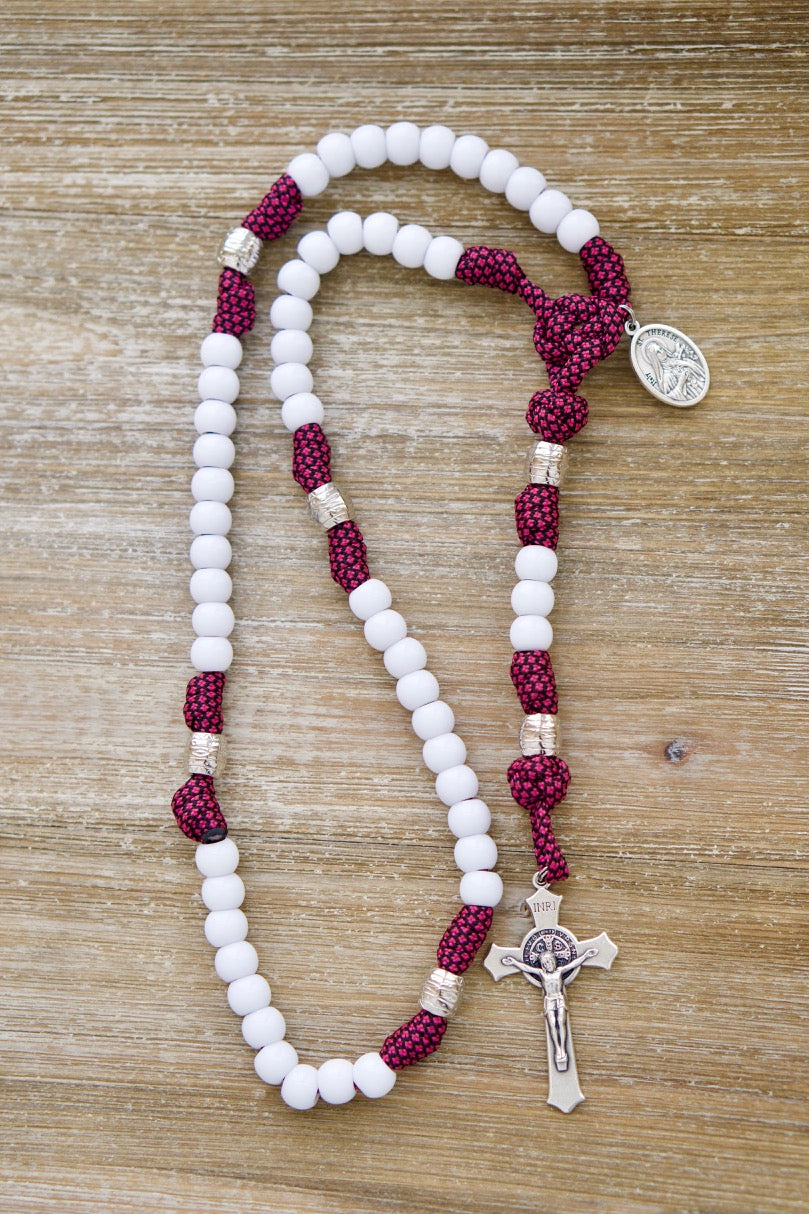 St. Therese Little Flower 5 Decade Paracord Rosary in Rose Pink & White - Durable, Unbreakable Catholic Gift for Prayer