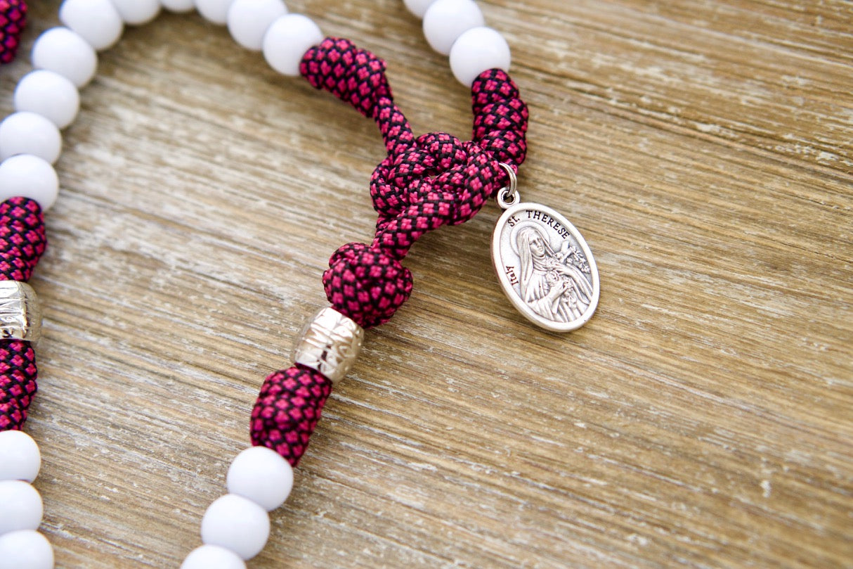 Little Flower St. Therese 5 Decade Paracord Rosary in Rose Pink and White - Durable Catholic Prayer Beads with St. Benedict Crucifix and St. Therese Medal, Perfect for Kids and Adults Alike